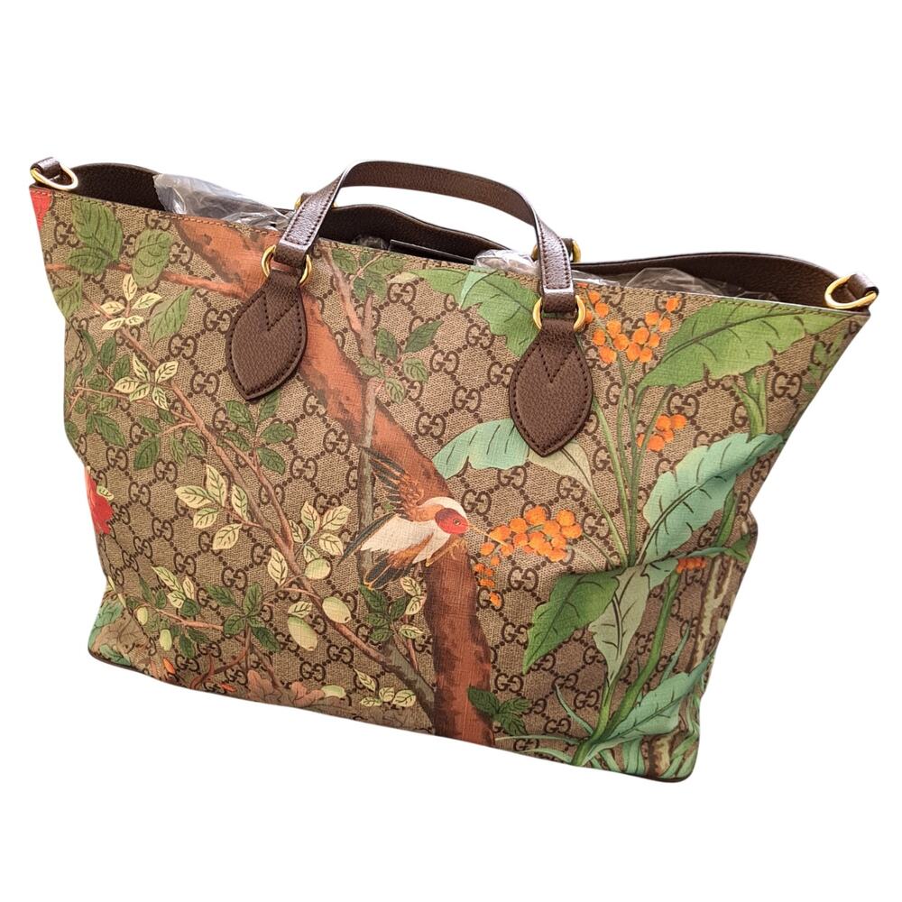 Gucci Tian Satchel Tote Bag Tropical Birds Floral GG Monogram Coated Canvas